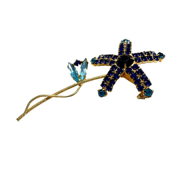 Vintage Mid Century Brooch Flower Power Pin Delicate Gold Blue Aqua Rhinestones - Picture 3 of 9